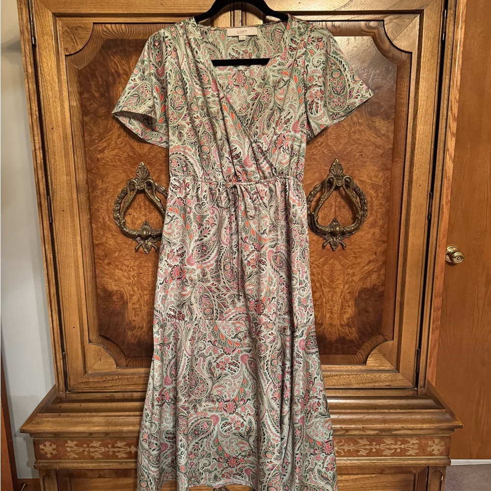 LOFT Green Ruffled Faux Wrap Maxi Dress